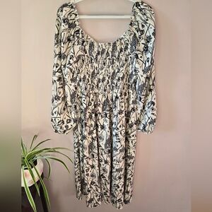 Floral Toile Corset Midi Dress | Puff Sleeve Smocked Back | Black & White